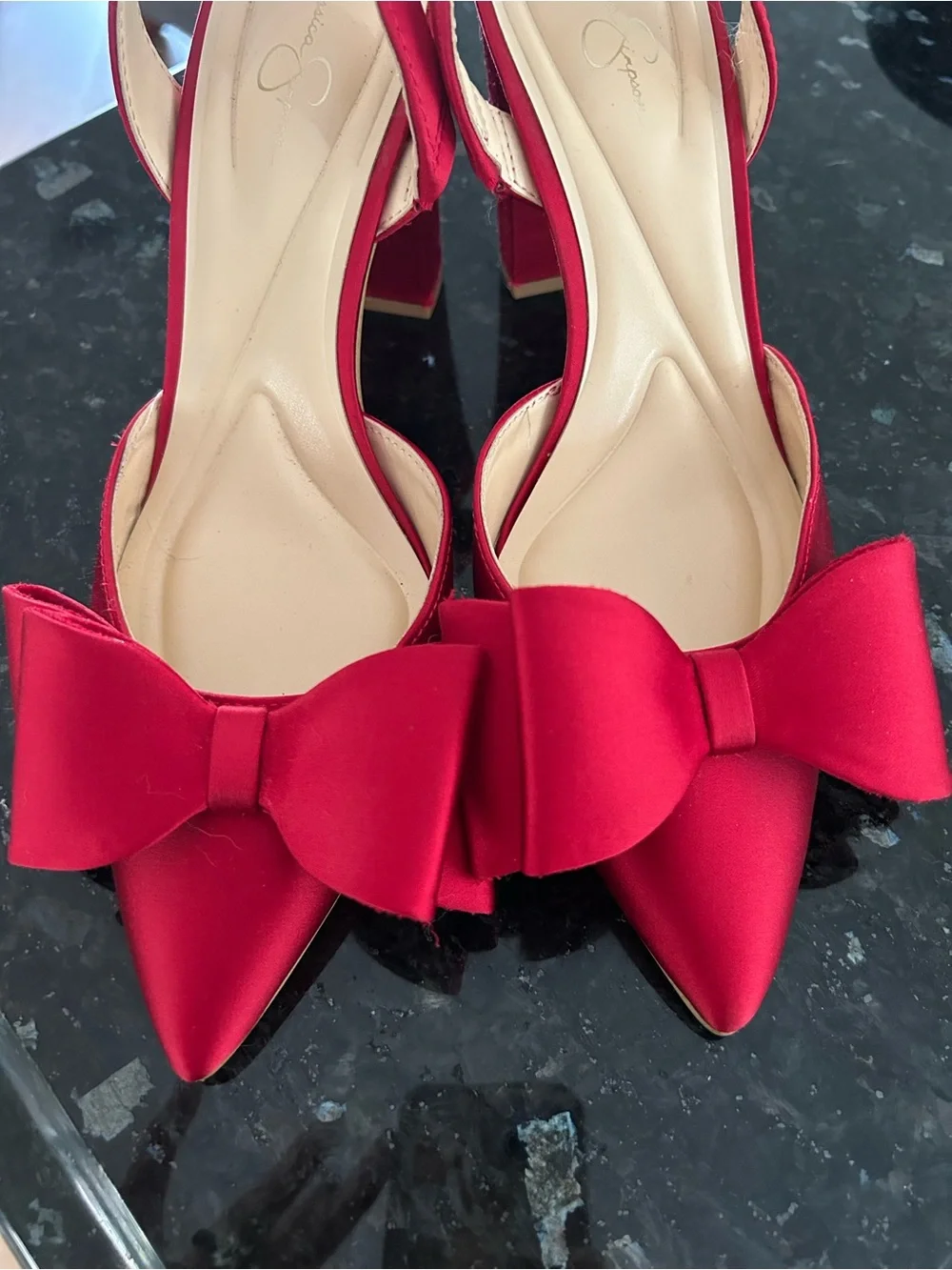 Jessica Simpson Red Satin Pointed-Toe Slingback Heels with Bow